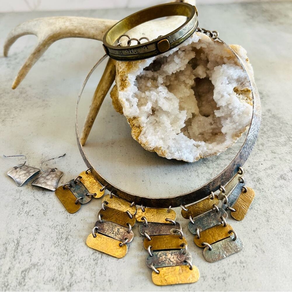 Marjorie Baer San Francisco Brutalist Collar Necklace Bracelet and Earrings Set - Picture 9 of 16